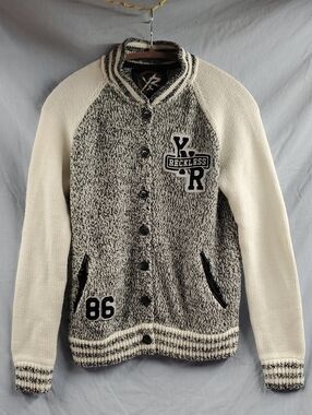 Young & Reckless Cream Sleeve Gray Marled Varsity Bomber